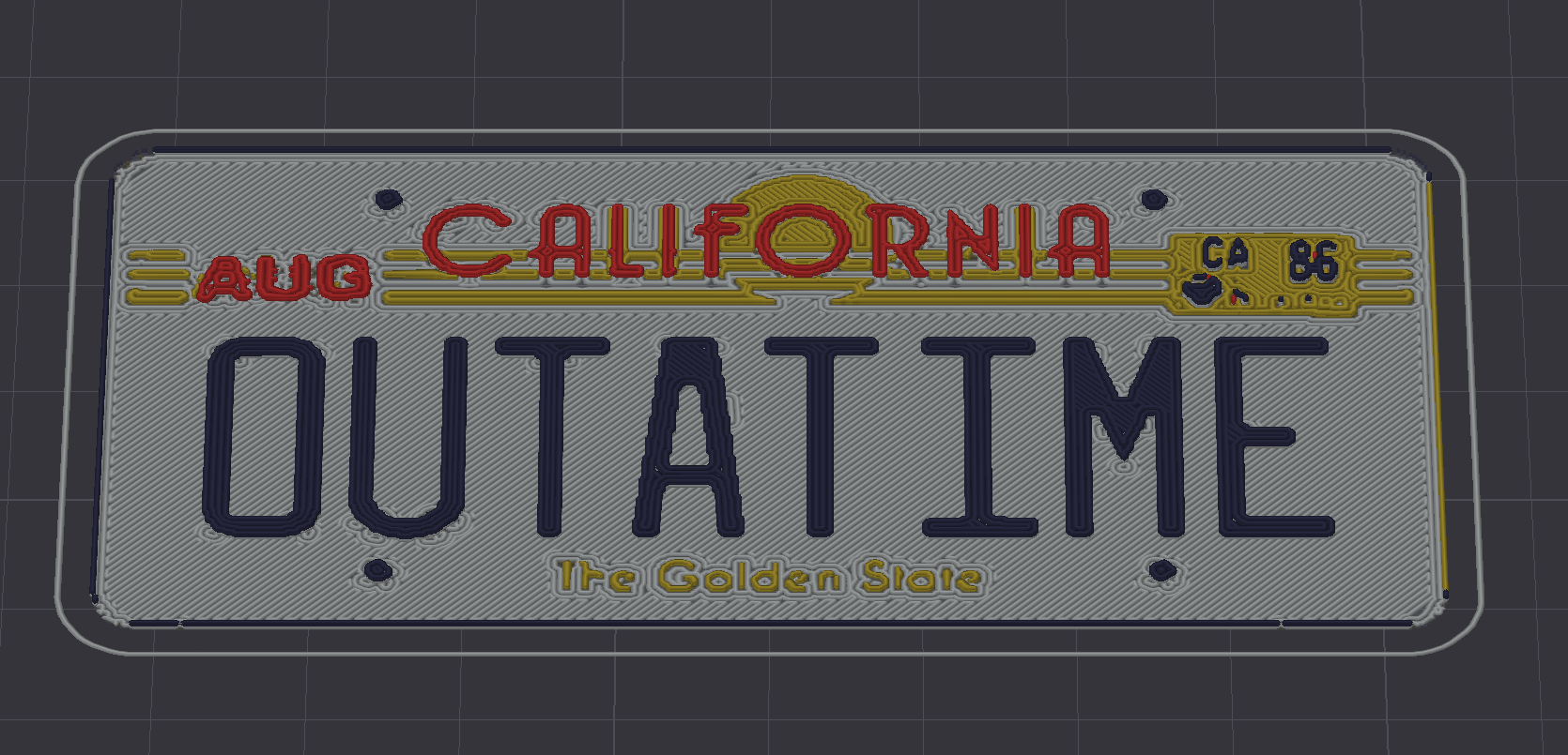 OrcaSlicer sliced preview of a multicolor 3MF license plate
