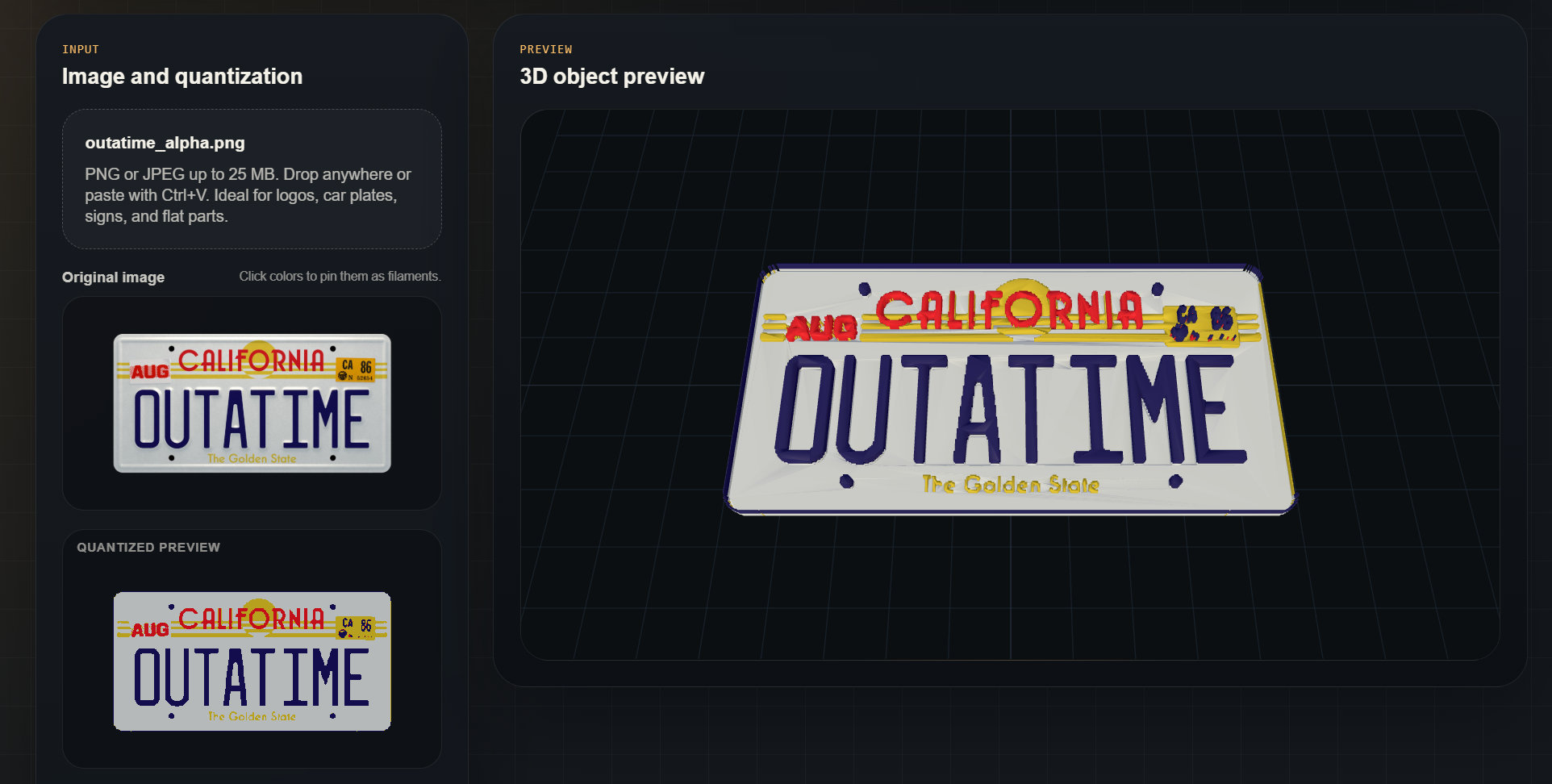 Browser preview of a multicolor 3MF plate generated from source artwork